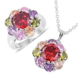 Sim Diamond Silver Flower Ring Size 10 and Pendant